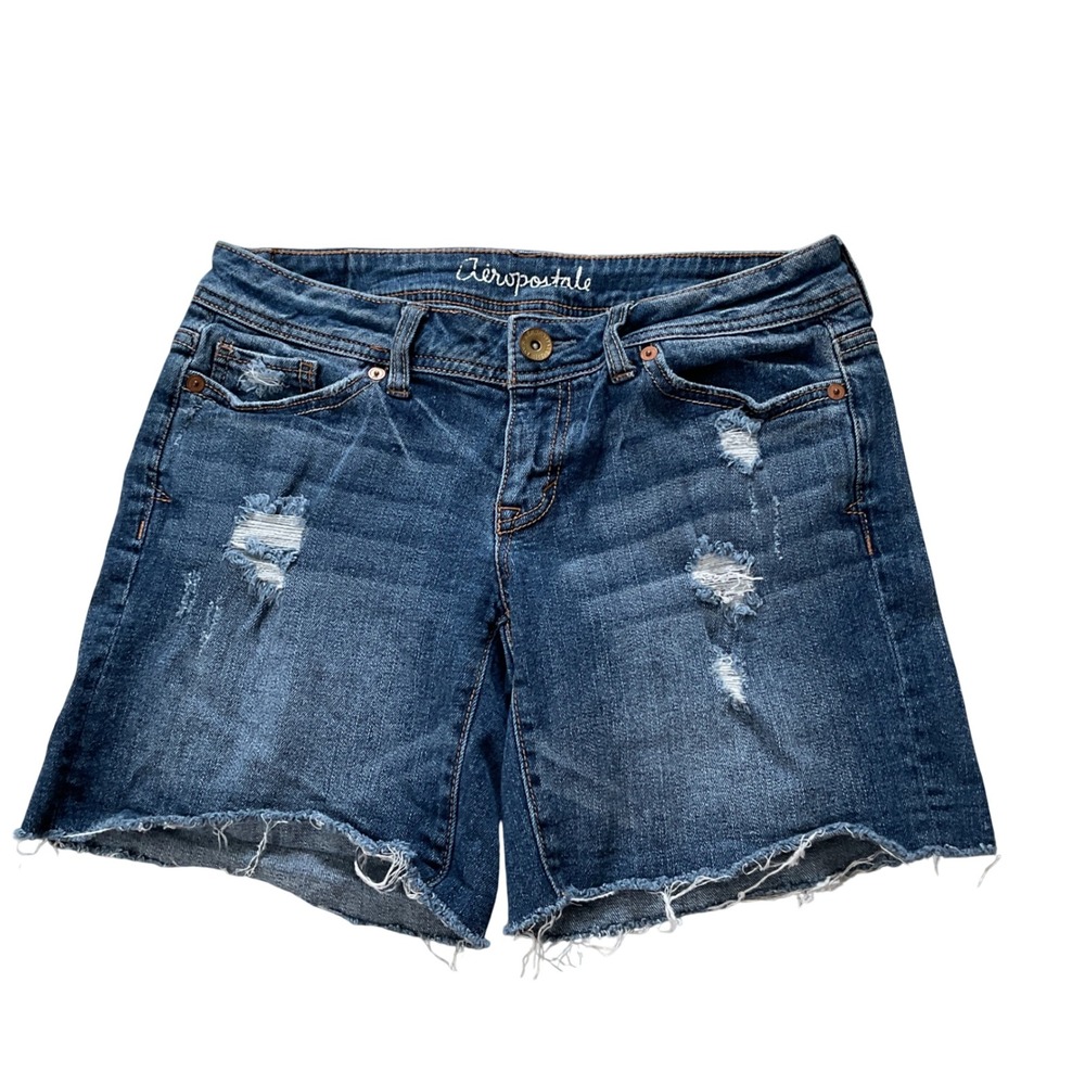 Aeropostale Boyfriend Denim Shorts Womens 00 Distressed Raw Hem Medium Wash
